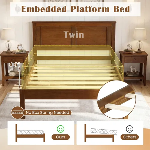 Vista 6 de GIANTEX Marco de cama de madera individual con cabecero, plataforma moderna de mediados de siglo con soporte de listones de madera, base de colchón
