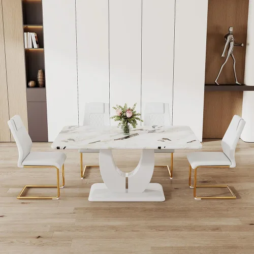 Vista 28 de JUFU Juego de mesa de comedor moderno para 4, juego de mesa de cocina rectangular de 63 pulgadas con mesa de mármol sintético y 4 sillas tapizadas
