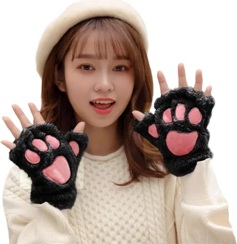 Vista 3 de PENINSULA LOVE Guantes de pata de gato, guantes de felpa cálidos para cosplay, guantes de animal de garra de oso, guantes de punto sin dedos