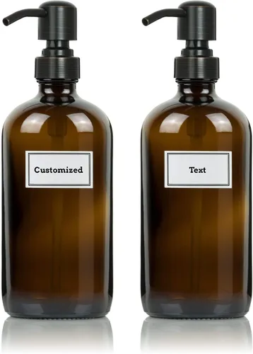 Vista 5 de Botellas de vidrio que incluyen bombas negras + etiquetas impermeables personalizadas, 16 oz. Boston Round 2-Pack, ámbar