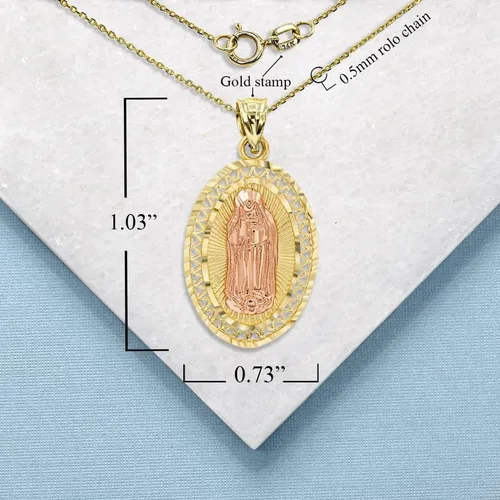 Vista 2 de Collar con dije de medalla ovalada de oro amarillo y rosa de 14 quilates con dos tonos de Nuestra Señora de Guadalupe Miraculous Immaculate