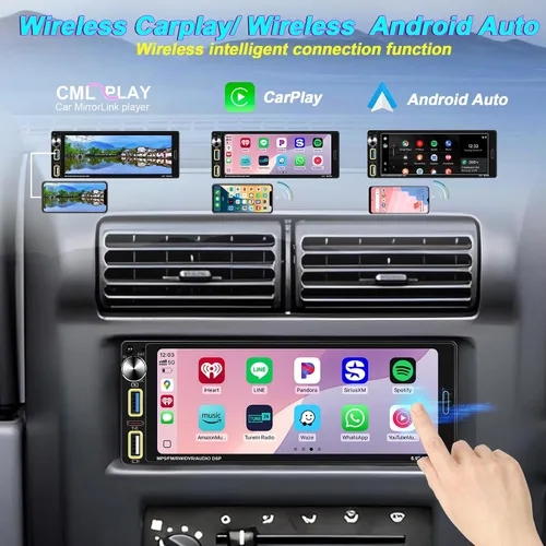 Vista 2 de Radio estéreo para automóvil DIN simple de 6.9 pulgadas con Apple CarPlay inalámbrico, Bluetooth para automóvil 5.2, Android Auto, pantalla IPS 1280