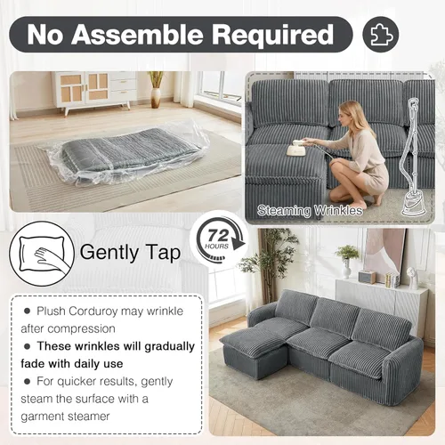 Vista 6 de Sofá modular sin hueso de 110 pulgadas para sala de estar, cómodo sofá modular de nube con otomana, sofás convertibles en forma de L para Gris