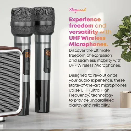 Vista 7 de Máquina de karaoke con 2 micrófonos UHF, subwoofer, barra de sonido de audio para cine en casa, compatible con óptico/Bluetooth/AUX/USB/PC, máquina