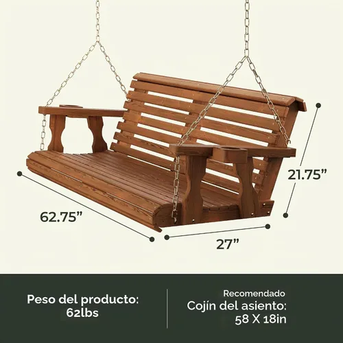 Vista 2 de Columpio Amish resistente para terraza (800 lb) con cadenas para colgar y posavasos, Unfinished