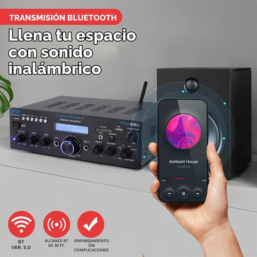 Vista 2 de Pyle PDA6BU.5 Amplificador estéreo Bluetooth compacto – Receptor de audio de escritorio con radio FM, lectores MP3/USB/SD, pantalla digital LCD