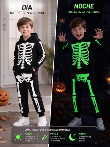 Vista 3 de uideazone Boys Halloween Skeleton Hoodie Pants Set Glow in the Dark 5-12Y