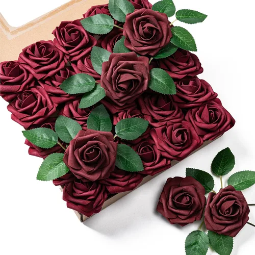 Vista 17 de Aegero Flores artificiales, 25 rosas falsas de espuma con tallos para ramos de boda, centros de mesa de despedida de soltera, arreglos, mesas