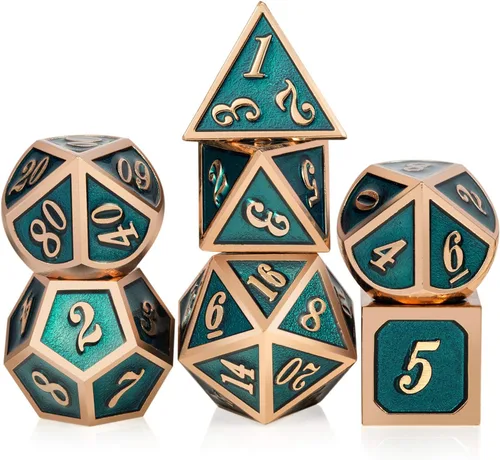 Vista 33 de DNDND - Dados de diseño antiguo, 7 dados de metal de latón con caja de metal para juegos de mesa como Dungeons and Dragons