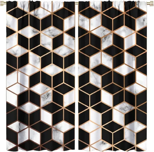 Vista 11 de Cortinas abstractas de mármol de lujo de lujo azul marino dorado a rayas con patrón de mármol estampado para dormitorio, sala de estar, cortinas