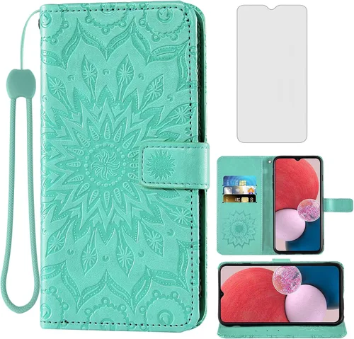 Vista 13 de Asuwish Funda de teléfono para Samsung Galaxy A13 LTE 4G con protector de pantalla de vidrio templado y funda delgada de cuero, soporte para Azul