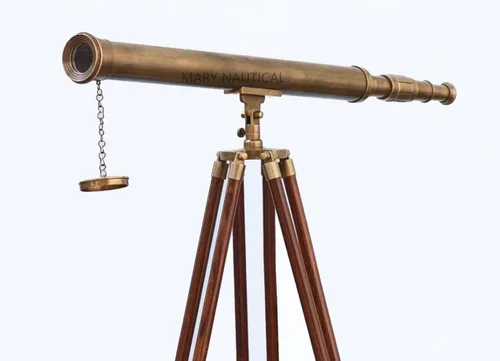 Vista 3 de Telescopio de latón de un solo barril acabado brillante telescopio de pie de madera marrón trípode vintage de alta ampliación trípode telescopio