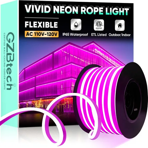 Vista 13 de GZBtech Luces de Cuerda LED de Neón Flexibles 50FT, CA 110-120V Tira de Luz Impermeable, 120 LEDs/M Cortable Conectable Iluminación de Neón