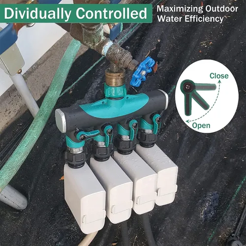 Vista 3 de Divisor de manguera de jardín de 4 vías – 3/4 pulgadas resistente de metal para grifo de agua con válvulas de cierre, conectores de manguera a