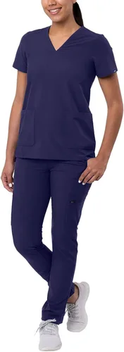 Vista 15 de Adar Addition Go-Basic - Conjunto de uniforme quirúrgico para mujer con blusa de cuello en V y pantalones cargo ajustados Rosa suave