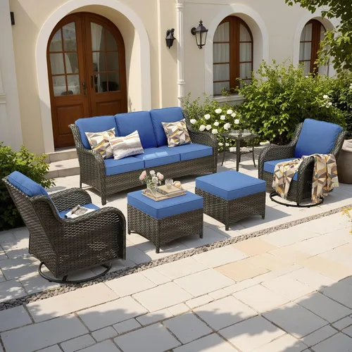 Vista 31 de Juego de muebles de exterior para patio, silla y sofá (ratán marrón, beige, 3 piezas)