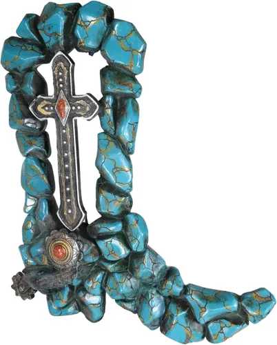 Vista 3 de Ebros Gift Botas vaqueras rústicas con piedras preciosas de turquesa agrietada del suroeste con espolón y cruz vintage para colgar en la pared