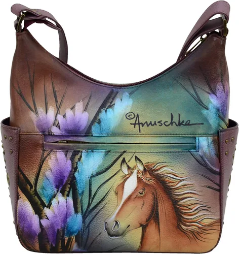 Vista 2 de Anuschka Bolso de hombro de cuero genuino para mujer, obra de arte original pintada a mano, hobo clásico con bolsillos laterales tachonados