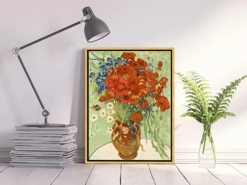 Vista 3 de Wieco Art - Arte enmarcado para pared de "Varios amapolas rojas y margaritas" por Vincent Van Gogh, reproducción de pinturas, lienzos abstractos