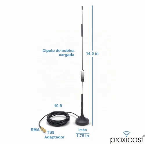 Vista 5 de Proxicast Antena magnética externa 4G/5G, bobina cargada de 7 dBi con conectores SMA y TS9 compatibles con AT&T Nighthawk, Verizon Jetpack