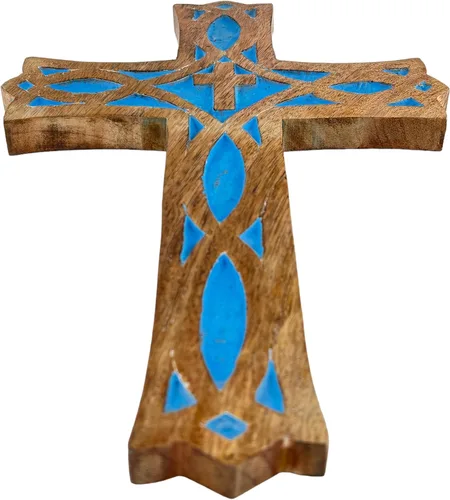 Vista 2 de EARTHLY HOME Crucifijo de pared de madera hecho a mano con tallas a mano para regalos de bautismo, adorno colgante para decoración de pared e