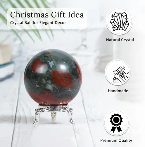 Vista 6 de Crocon Bola de esfera de piedra de sangre africana de 1.969 in con soporte de metal, más de 1400 quilates, bola de piedras preciosas curativas