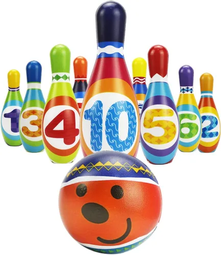 Vista 5 de iPlay, iLearn Juego de juguetes de bolos para niños, juego de actividades para interiores y exteriores, juego de 10 pines de espuma suave y dos