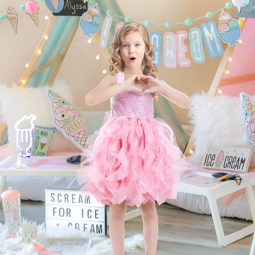Vista 7 de Vestido tutú para niñas, vestido de tul con lentejuelas, vestido de princesa para niñas pequeñas, disfraz de fiesta de cumpleaños brillante