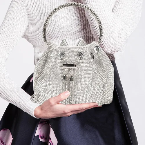 Vista 6 de QZUnique Bolso de cubo de diamantes de imitaciónlentejuelas con conjunto de joyas para mujer, bolso de noche plateado brillante con purpurina
