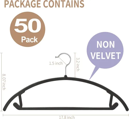 Vista 2 de Paquete de 50 perchas ergonómicas de plástico curvas, diseño sin golpes, agarre antideslizante para telas delicadas, perchas de ropa resistentes