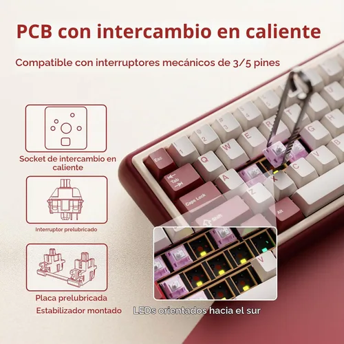 Vista 8 de OOCTPK Chilkey Foxy65 Teclado Mecánico con Perilla, Montaje de Junta Teclado Mecánico Inalámbrico de Aluminio 65%, BT5.0/2.4GHz/USB-C