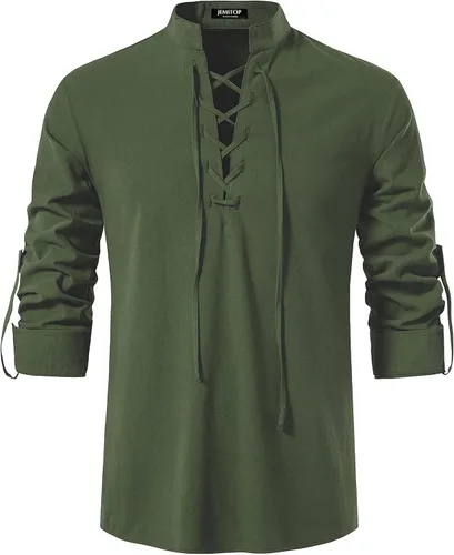 Vista 2 de JEMITOP Men's Pure Cotton Renaissance Lace Up Shirt Verde militar