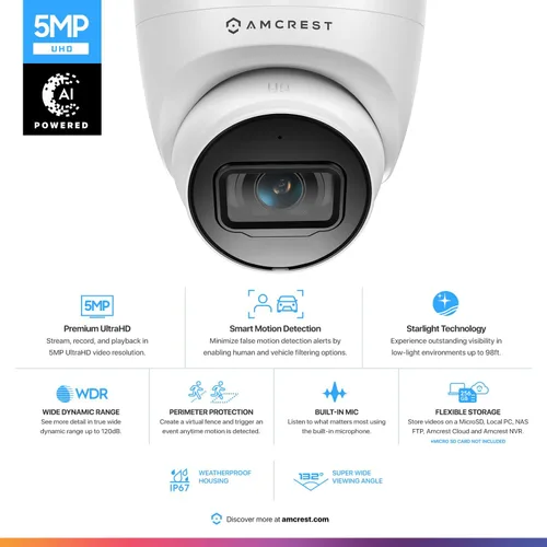 Vista 2 de Amcrest Cámara PoE de torreta, de 5 MP, IP UltraHD para exteriores, micrófono/audio, de vigilancia, visión nocturna de 98 pies, campo de visión