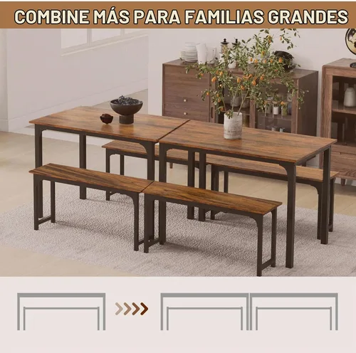 Vista 7 de NAFORT Juego de mesa de comedor para 4, mesa de cocina de 3 piezas con 2 bancos, mesa de comedor de 43.5 pulgadas que ahorra espacio con marco