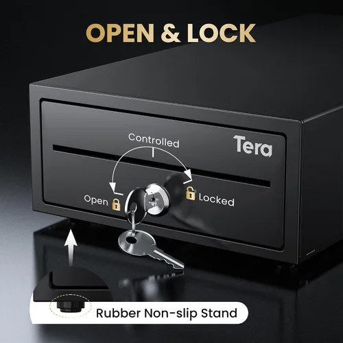 Vista 6 de Tera Cajón de caja registradora 8 "Mini: 4 billetes 6 monedas pequeño cajón de efectivo abierto automático con ranura para medios 24V Cable RJ12
