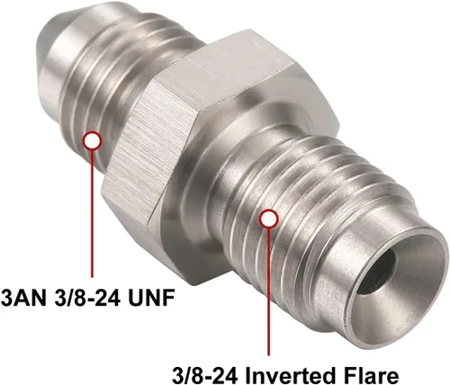 Vista 2 de Adaptador Conector de Ajuste de Manguera de Freno de Acero Inoxidable con Flare Invertido Macho 3AN a Macho 3/8-24