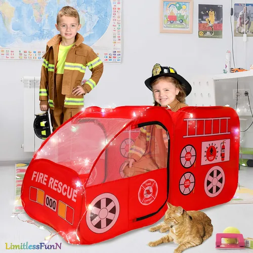 Vista 2 de Camión de bomberos Pop Up Tienda y luces para niños, casa de juego de camiones de bomberos para niños