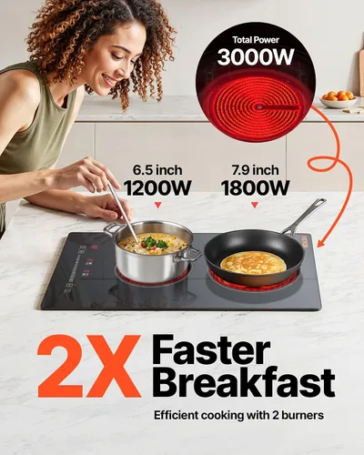 Vista 3 de VEVOR - Estufa eléctrica integrada, encimera de 12 pulgadas con 2 quemadores, cocina radiante de vidrio de 240 V con control táctil de sensor