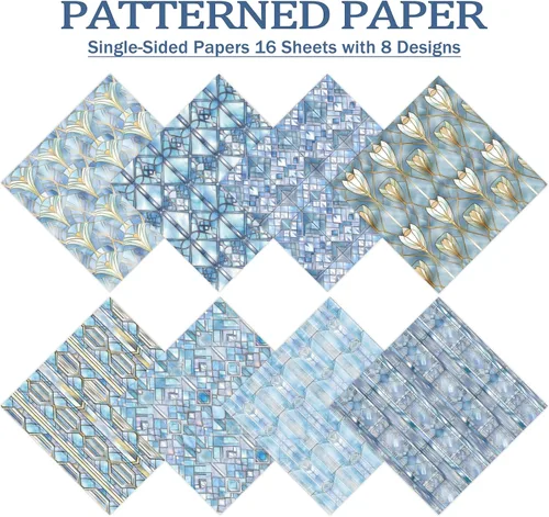 Vista 3 de PRSTINCOL Papel para álbum de recortes, 16 hojas de 6 x 6 pulgadas, suministros de álbum de recortes de estilo de ventana azul, papel de decoupage