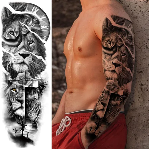 Vista 3 de Adhesivos de manga de tatuajes falsos de lobo león, brazo completo, dragón animal, tribal, mangas temporales de tatuaje para hombres, mujeres