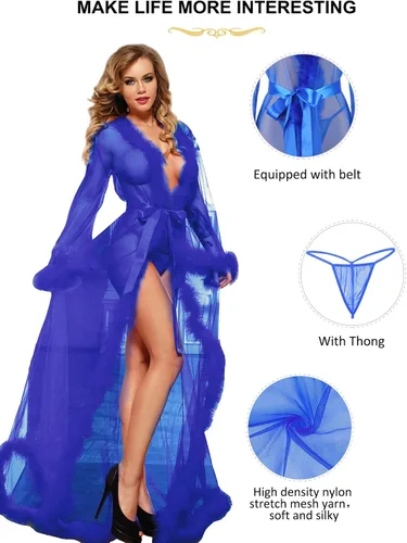 Vista 5 de ohyeah Bata de novia de plumas para mujer, talla grande, bata de lencería con camisón de piel, bata de baño de tul, vestido de maternidad