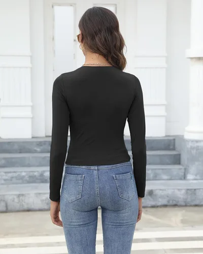 Vista 5 de Beumissy Camisas básicas de manga larga con cuello cuadrado para mujer, ajustadas, con doble forro