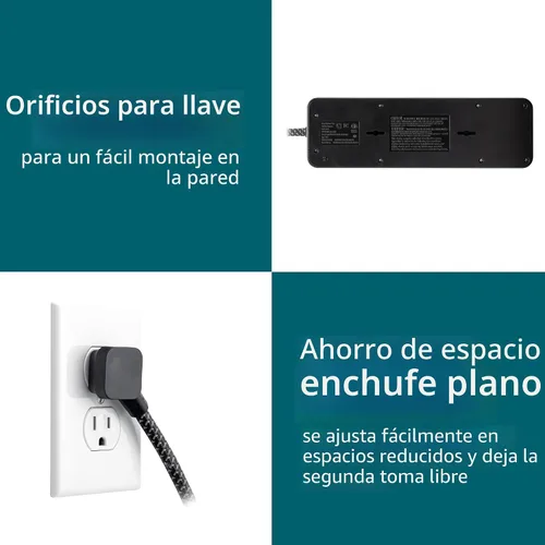 Vista 6 de Philips Protector de sobretensiones de 9 salidas con carga USB, cable de extensión trenzado de 6 pies, 1USB-A, 1USB-C, 2400J, espaciado