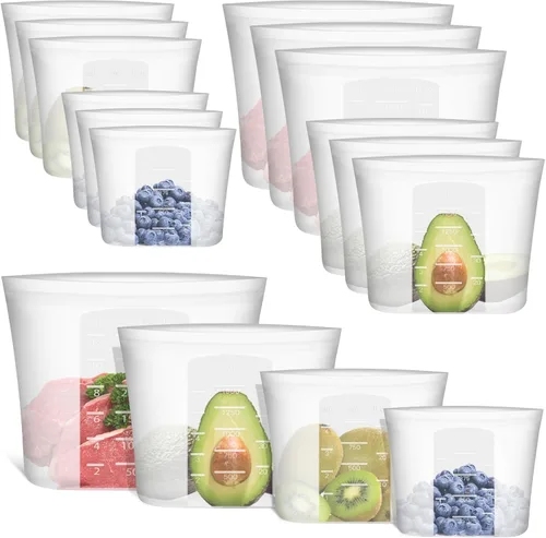 Vista 11 de Bolsas de Alimentos Reutilizables, Paquete de 12 Bolsas de Almacenamiento de Alimentos 100% Silicona que se Mantienen de Pie con Cierre Hermético
