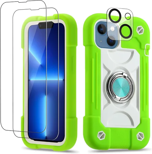Vista 108 de Funda para iPhone 11 de 6.1 pulgadas con soporte de anillo, con 2 protectores de pantalla de vidrio, resistente a los golpes, resistente a