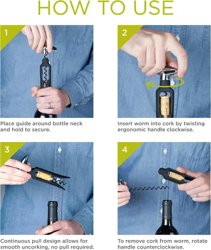 Vista 4 de True Sacacorchos autoestirable, plástico duradero con mango cromado fácil de girar, abridor de botellas de vino para camareros, herramientas de bar