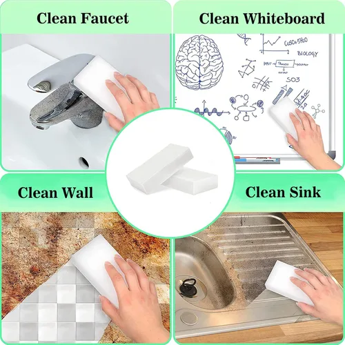 Vista 3 de Paquete de 100 gomas de borrar de esponja mágica, espuma de melamina, almohadillas de cocina resistentes antiarañazos, esponjas multifuncionales