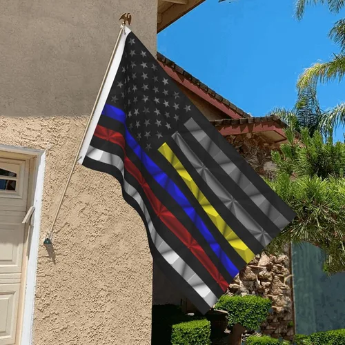 Vista 4 de Banderas de bandera de doble cara de Estados Unidos de línea fina roja-azul-amarillo de 3 x 5 pies, bandera de decoración al aire libre, bandera