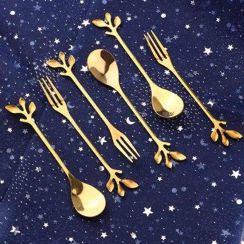 Vista 7 de Juego de 12 cucharas de café de acero inoxidable con hojas doradas y tenedores de frutas para tartas, accesorios de cocina, fiesta de boda