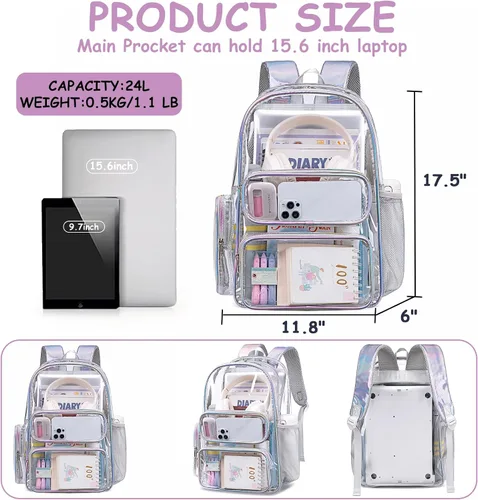 Vista 18 de CAMTOP Mochila transparente resistente y transparente para estudiantes, escuela, trabajo, festival, viajes, deportes, Beige, Mediana, Camtop Mochila